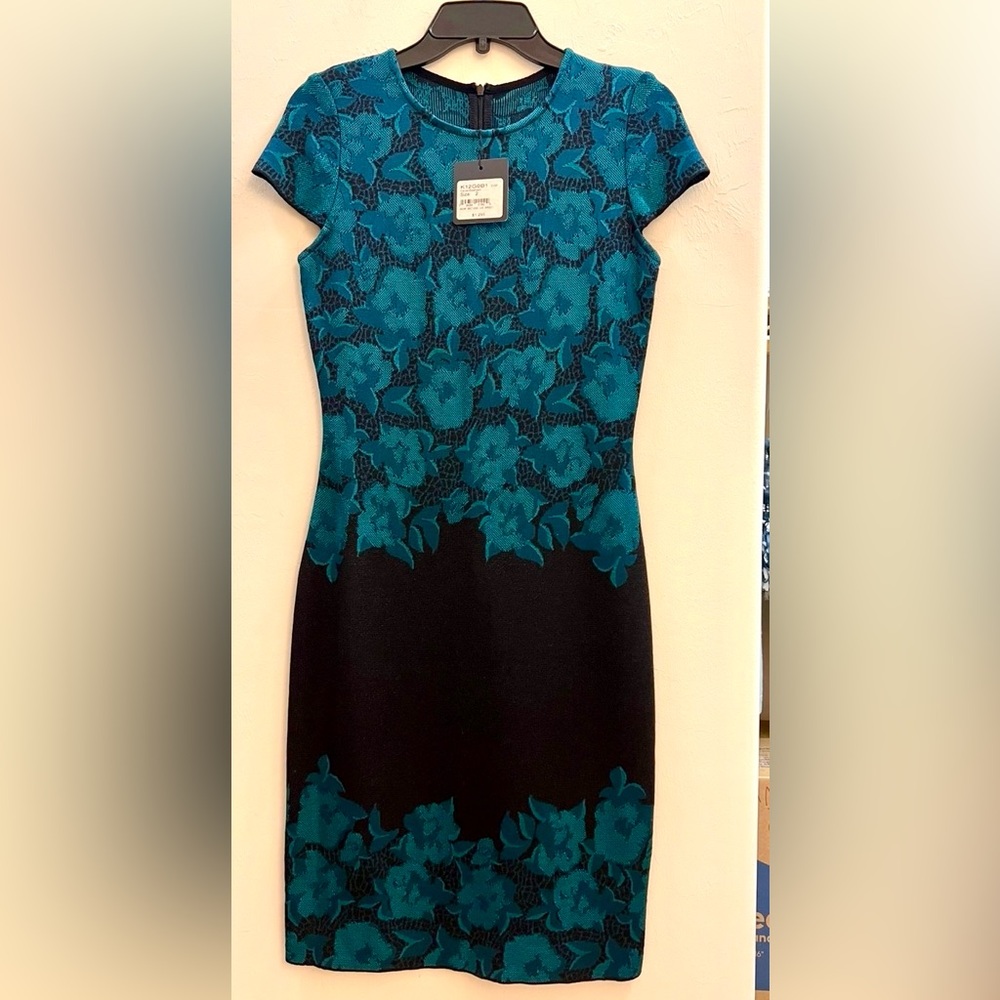 NWT $1295 St. John knit Teal and Black Floral knee length Dress 2